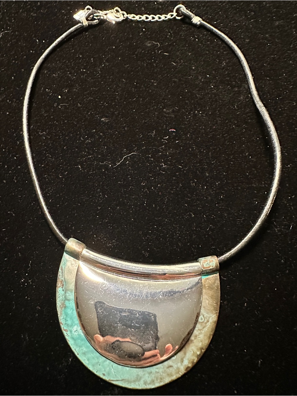 RLM SoHo Handcrafted Silver and Patina Half-Moon Pendant Necklace - Black Cord